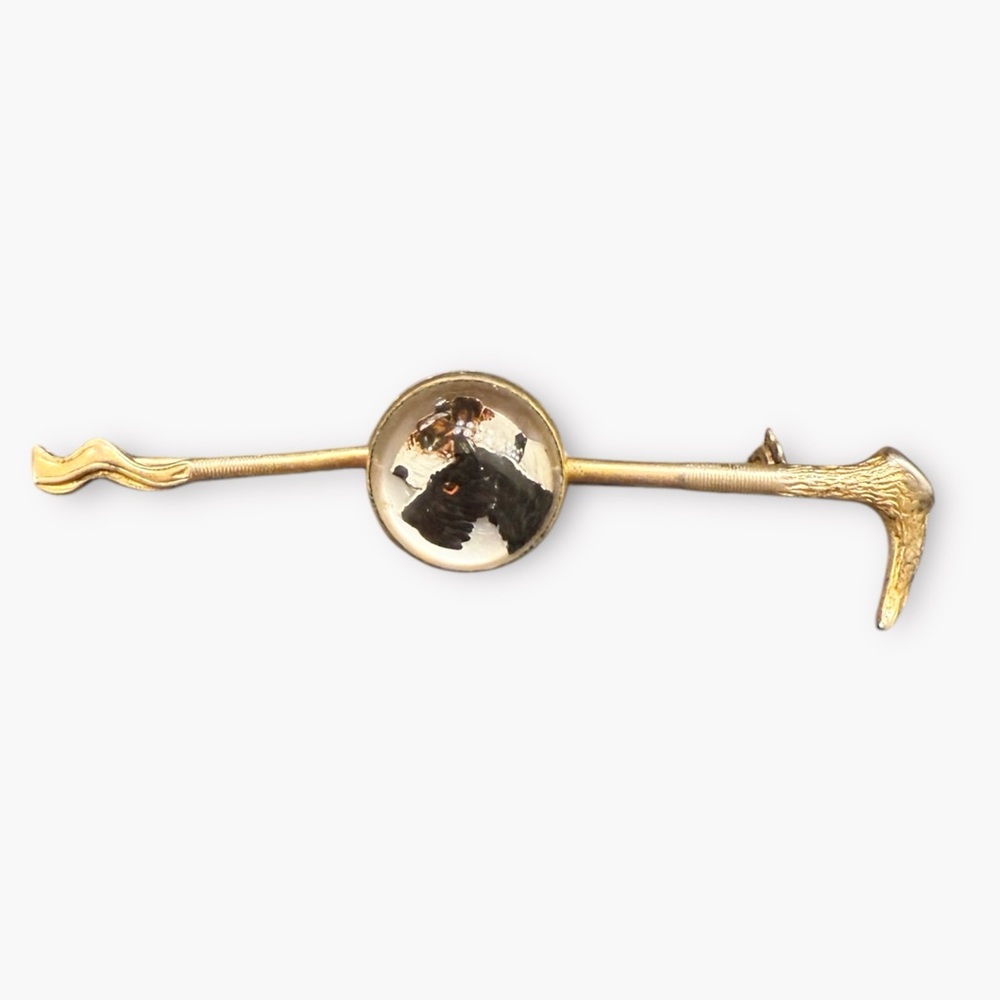 VTG Reverse Painted Rock Crystal Brooch Scotty Dogs Walking Stick